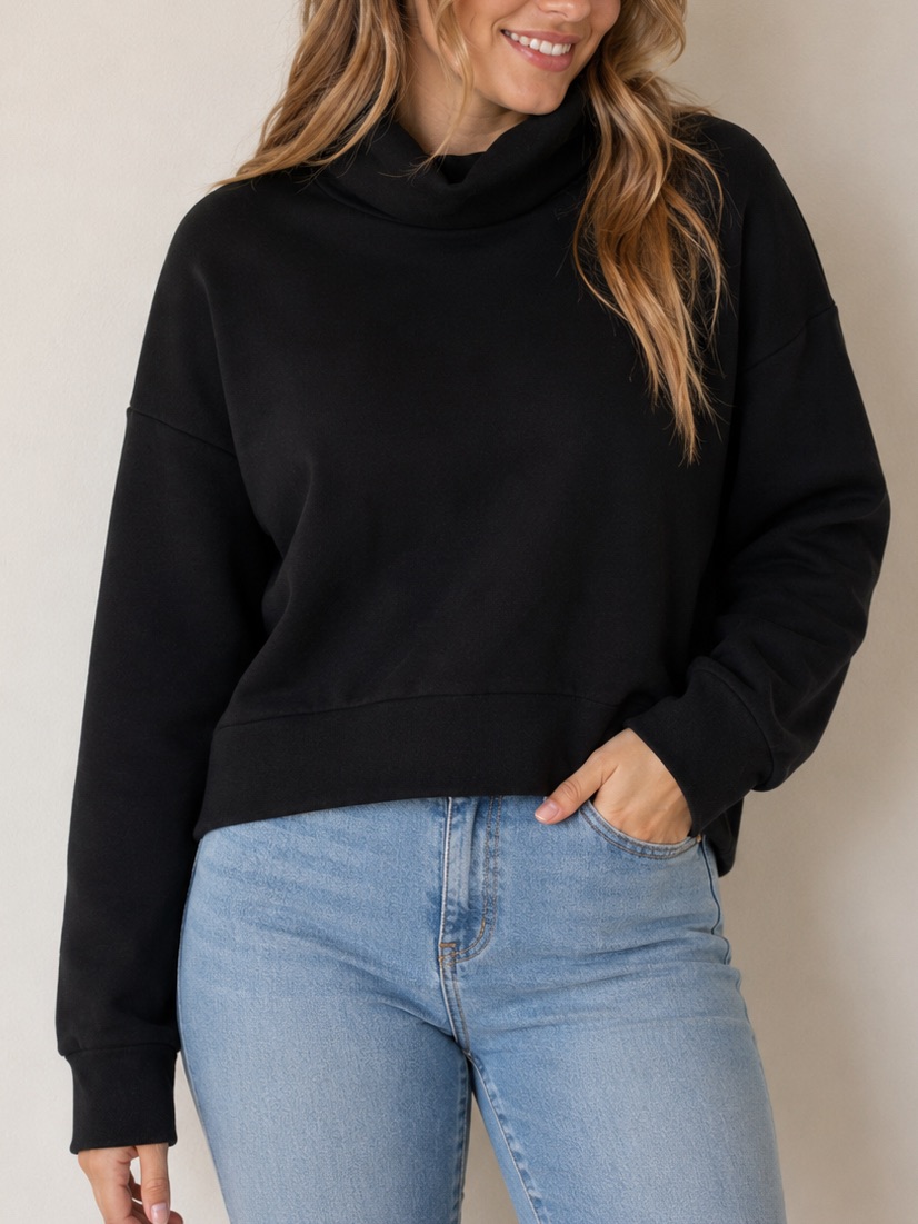 Zara Comfy Relaxed Cropped Turtleneck Sweater Top Black Size Large